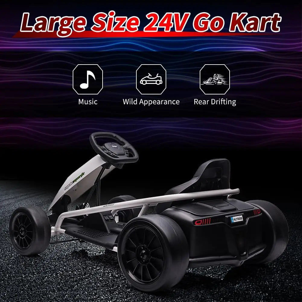 Ride on Go Kart for Teens, 24v 9Ah Large Battery Dual 300w Extra Powerful Motors, 8MPH Fast Drifting Fun with Music & Horn, Max