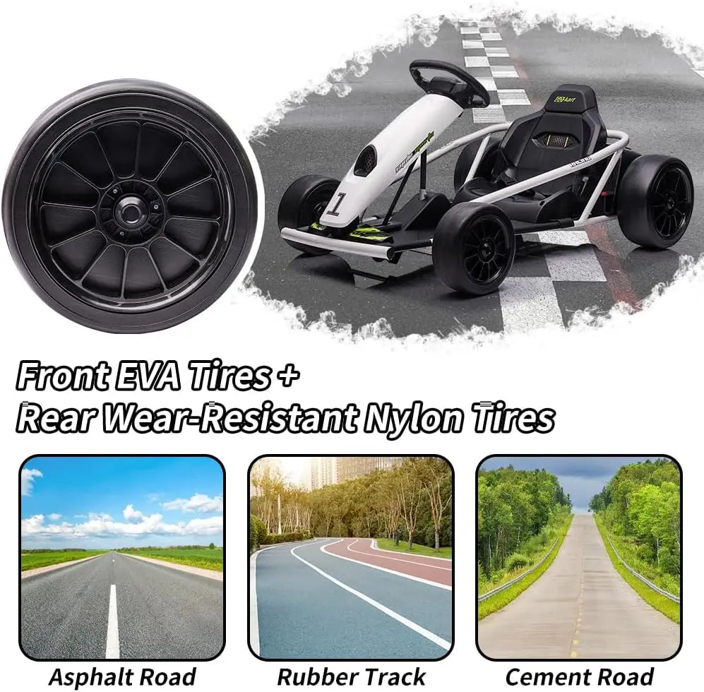 Ride on Go Kart for Teens, 24v 9Ah Large Battery Dual 300w Extra Powerful Motors, 8MPH Fast Drifting Fun with Music & Horn, Max