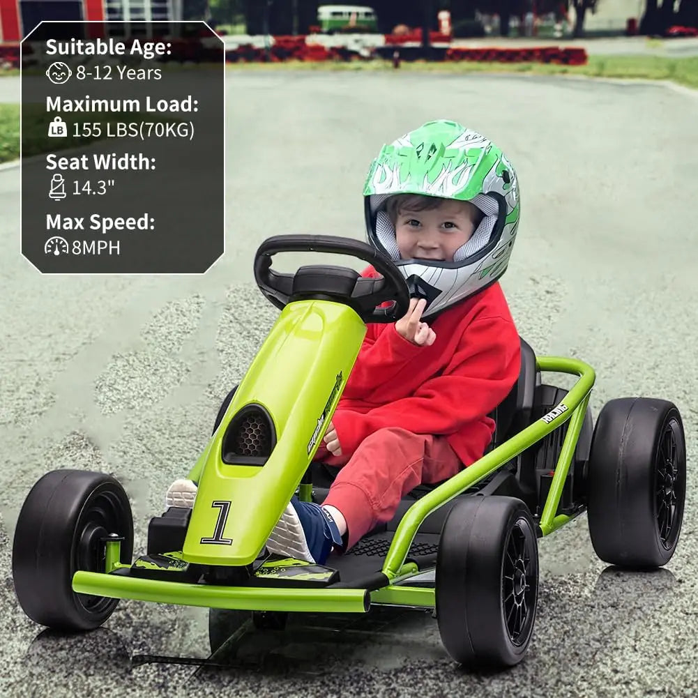 Ride on Go Kart for Teens, 24v 9Ah Large Battery Dual 300w Extra Powerful Motors, 8MPH Fast Drifting Fun with Music & Horn, Max