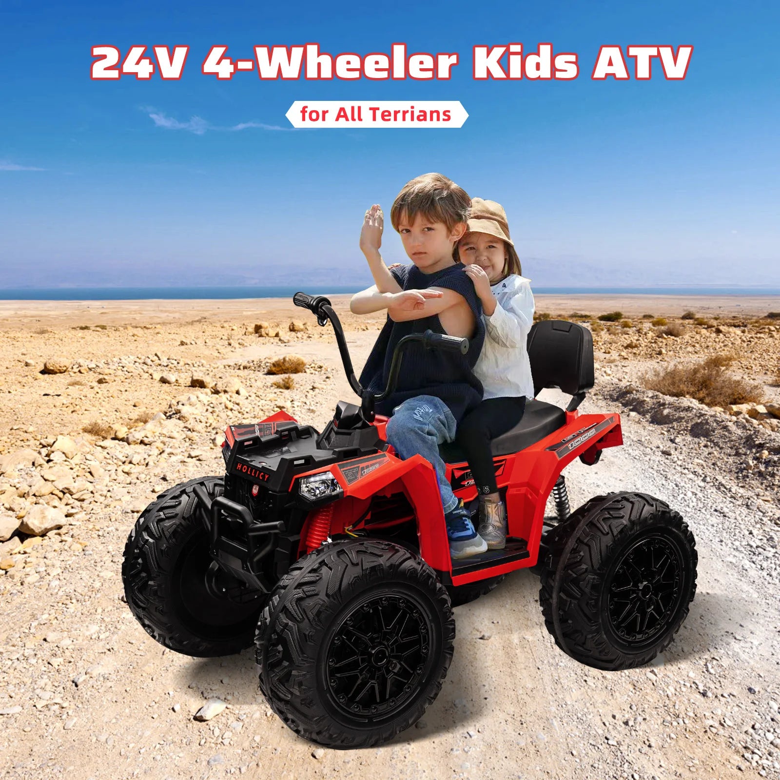 24V Kids ATV,Two Seater Ride on Car 4WD Quad Electric Vehicle,4x100W Powerful Engine with 7AHx2 Large Battery Accelerator Handle
