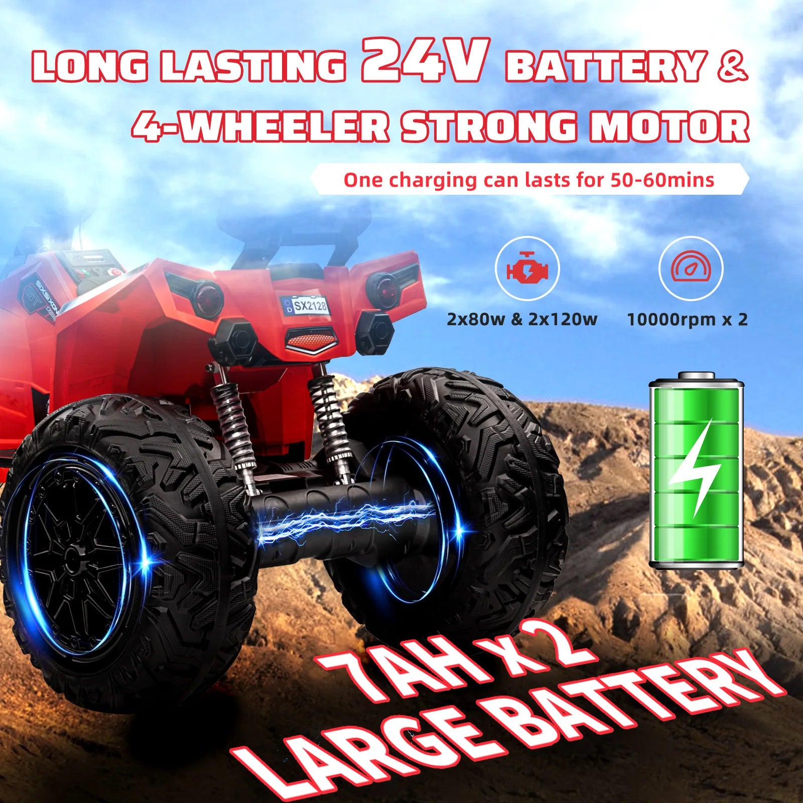 24V Kids ATV,Two Seater Ride on Car 4WD Quad Electric Vehicle,4x100W Powerful Engine with 7AHx2 Large Battery Accelerator Handle
